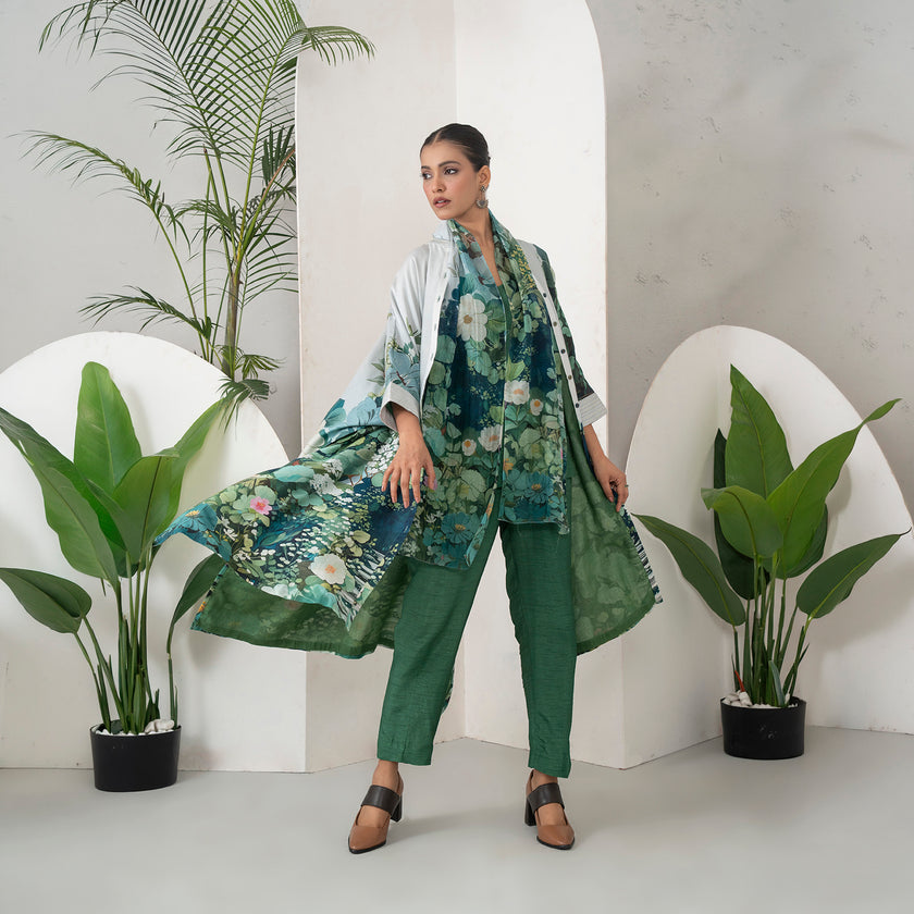 Ivory Silk Chanderi Vivid Garden Illustration Printed Kaftan (1 PC)