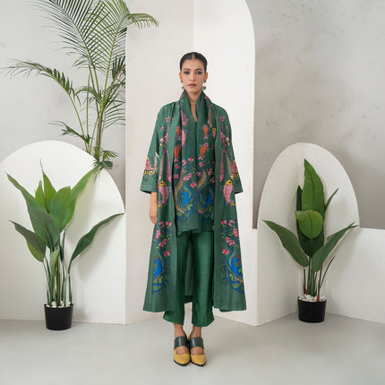 Emerald Silk Chanderi Peacocks And Fish Motifs Printed Dress (1 PC)