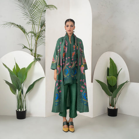 Emerald Silk Chanderi Peacocks And Fish Motifs Printed Dress (1 PC)