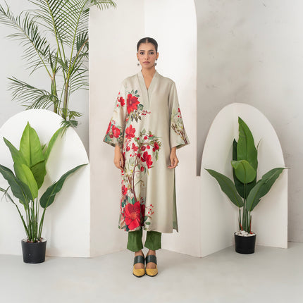 Beige Silk Chanderi Elegant Floral Printed Tunic (1 PC)
