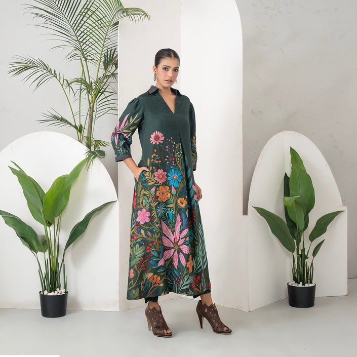 Dark Green Silk Chanderi Vibrant Multicolour Floral Printed Dress (1 PC)