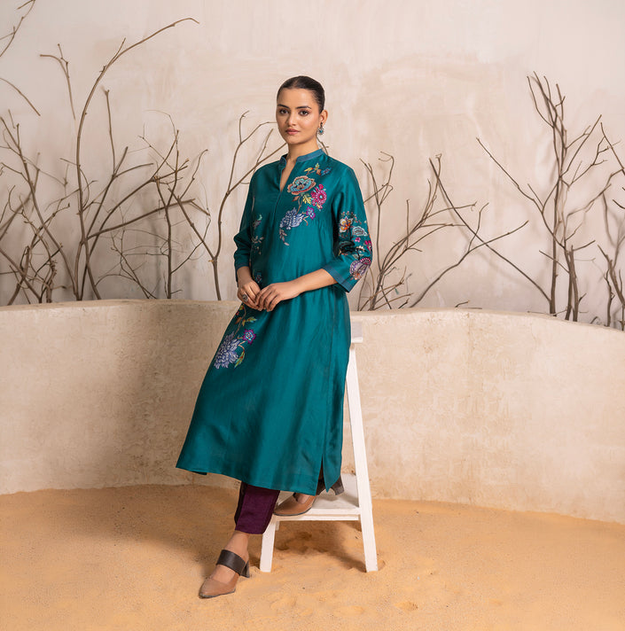 Emerald Silk Chanderi Floral Printed Tunic (1 PC)