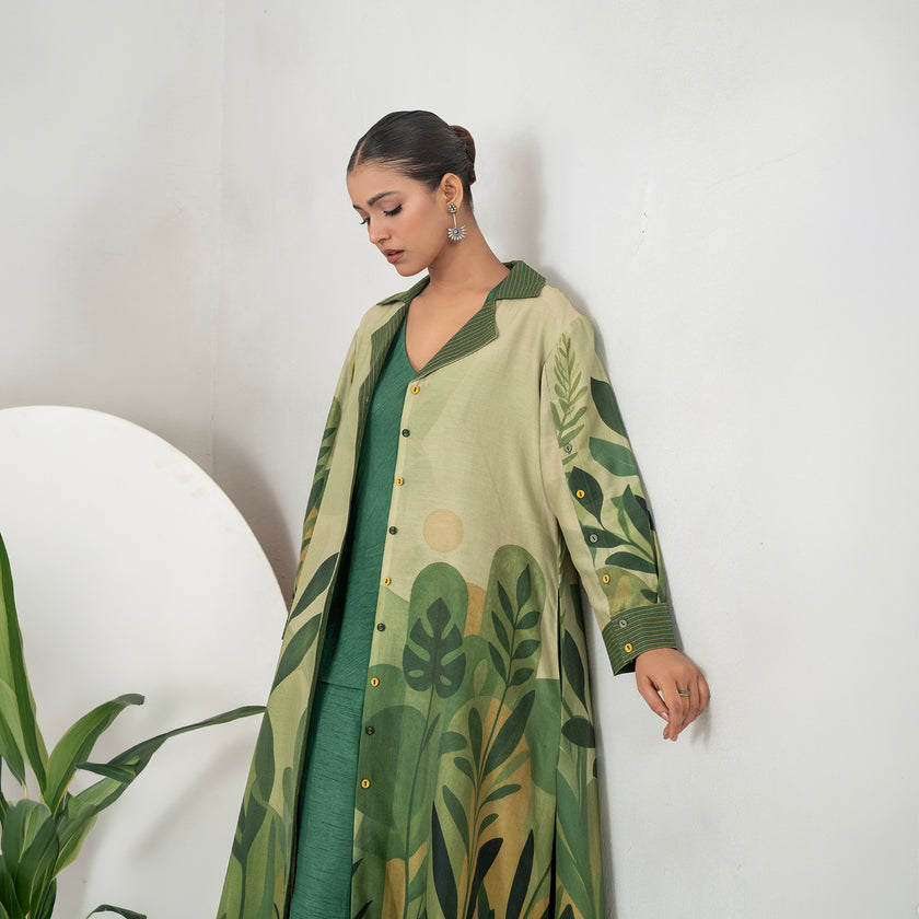Shades Of Green Silk Chanderi Lush Jungle Printed Dress (1 PC)