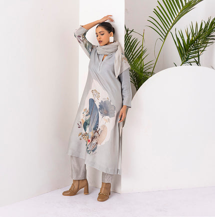 Grey Thin Chanderi Printed Stole (1 PC)