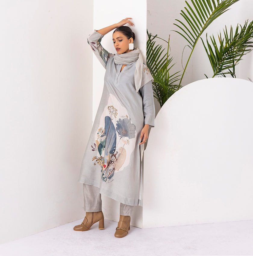 Grey Thin Chanderi Printed Stole (1 PC)