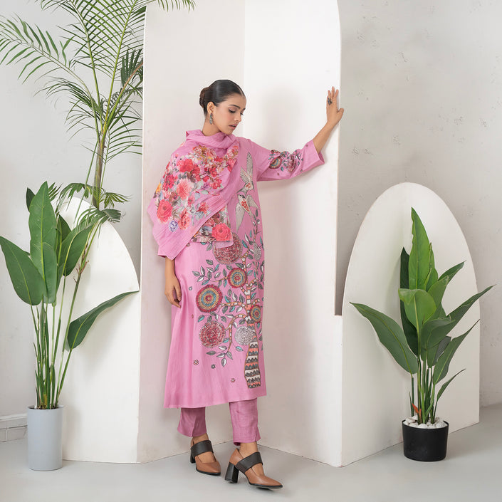 Salmon Pink Silk Chanderi Printed Intricate Bird And Floral Printed Tunic (1 PC)