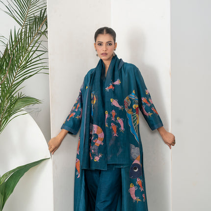 Indigo Thin Chanderi Playful Aquatic Motif Printed Stole (1 PC)