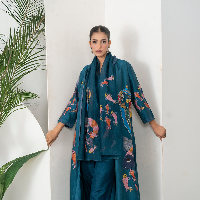 Indigo Thin Chanderi Playful Aquatic Motif Printed Stole (1 PC)