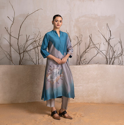 Denim Blue & Grey Shaded Silk Chanderi Printed Tunic (1 PC)