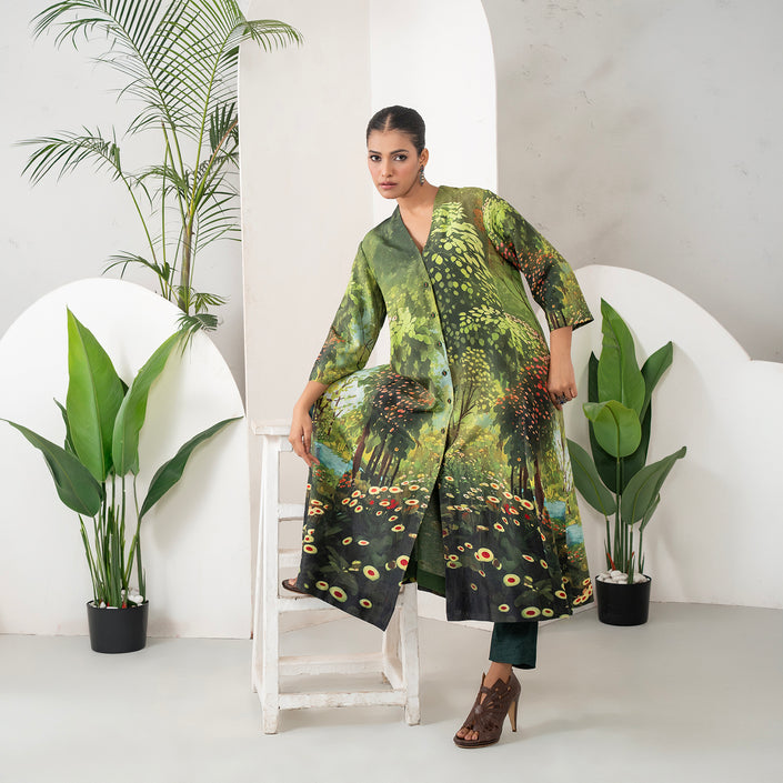 Shades Of Green Silk Chanderi Front Open Nature Inspired Printed Dress (1 PC)