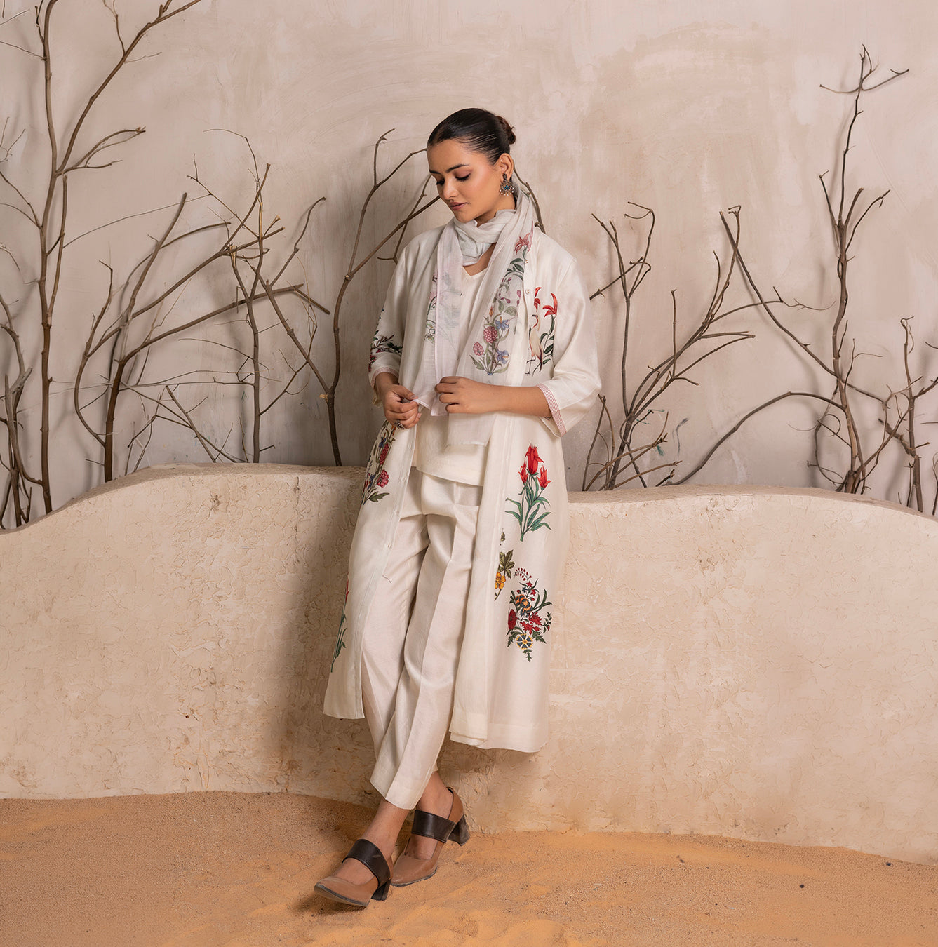 Ivory Silk Chanderi Floral Printed Front Open Dress (1 PC)