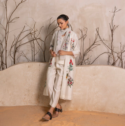 Ivory Silk Chanderi Floral Printed Front Open Dress (1 PC)
