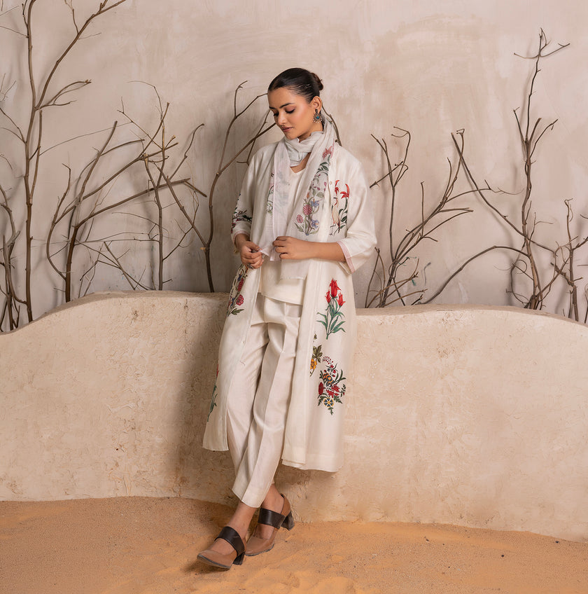 Ivory Silk Chanderi Floral Printed Front Open Dress (1 PC)
