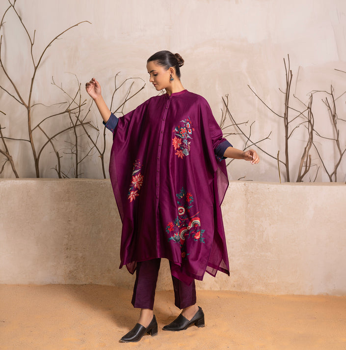 Wine Silk Chanderi Printed Kaftan Style Dress (1 PC)