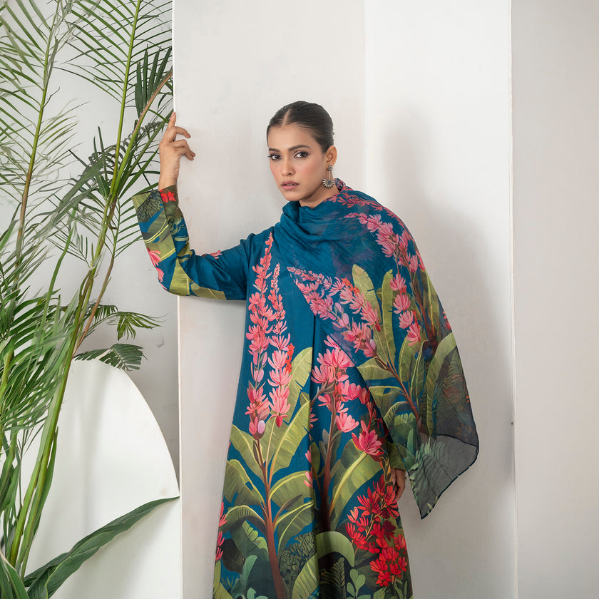 Indigo Thin Chanderi Tropical Floral Illustration Printed Stole (1 PC)