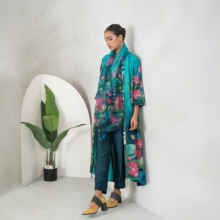 Aqua Fades Into Deep Blue Silk Chanderi Lush Lotus Printed Dress (1 PC)