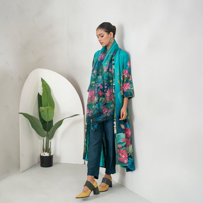Aqua Fades Into Deep Blue Silk Chanderi Lush Lotus Printed Dress (1 PC)