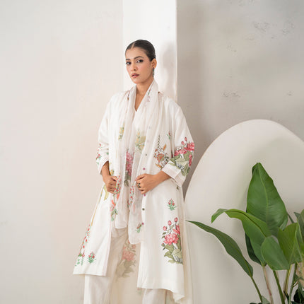 Ivory Thin Chanderi Miniature-Style Garden Printed Stole (1 PC)
