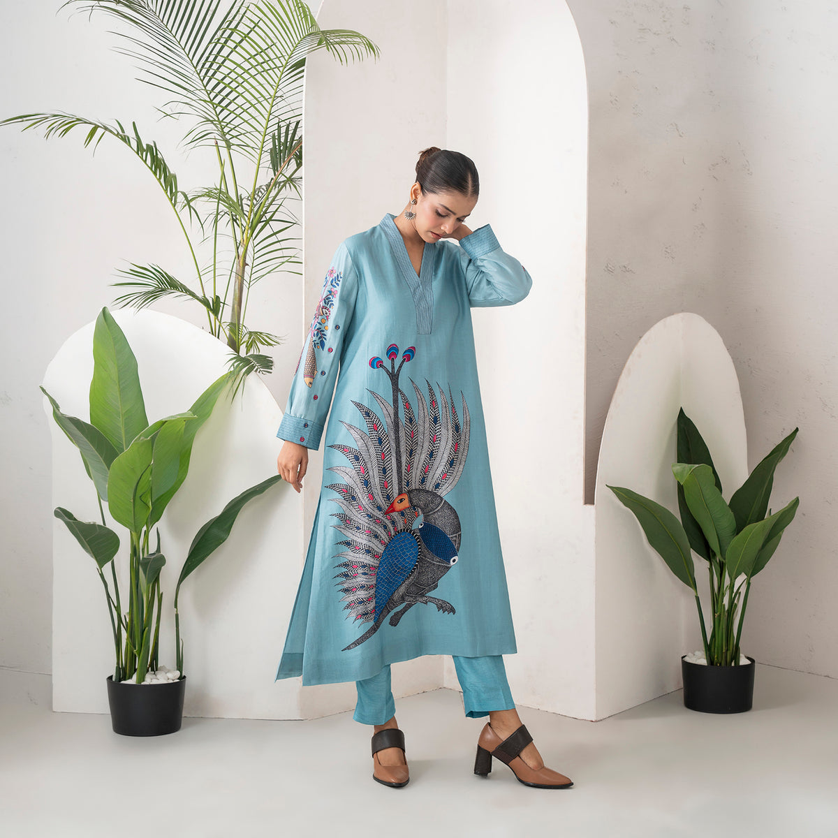 Sky Blue Silk Chanderi Striking Peacock Illustration Printed Tunic (1 PC)