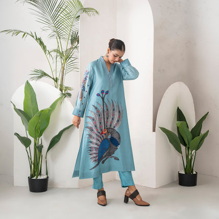 Sky Blue Silk Chanderi Striking Peacock Illustration Printed Tunic (1 PC)