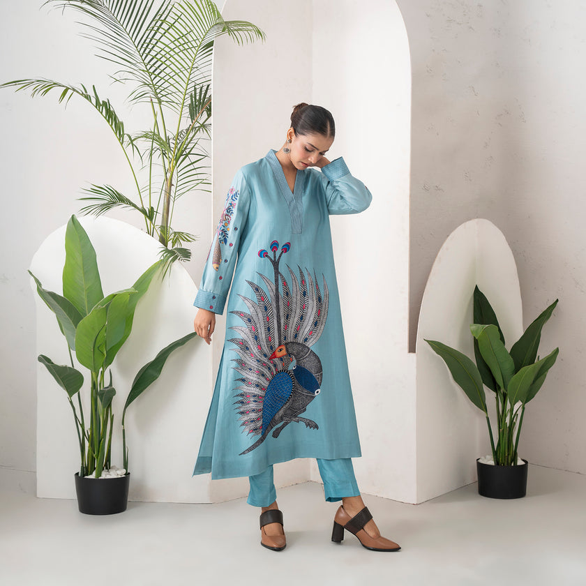 Sky Blue Silk Chanderi Striking Peacock Illustration Printed Tunic (1 PC)
