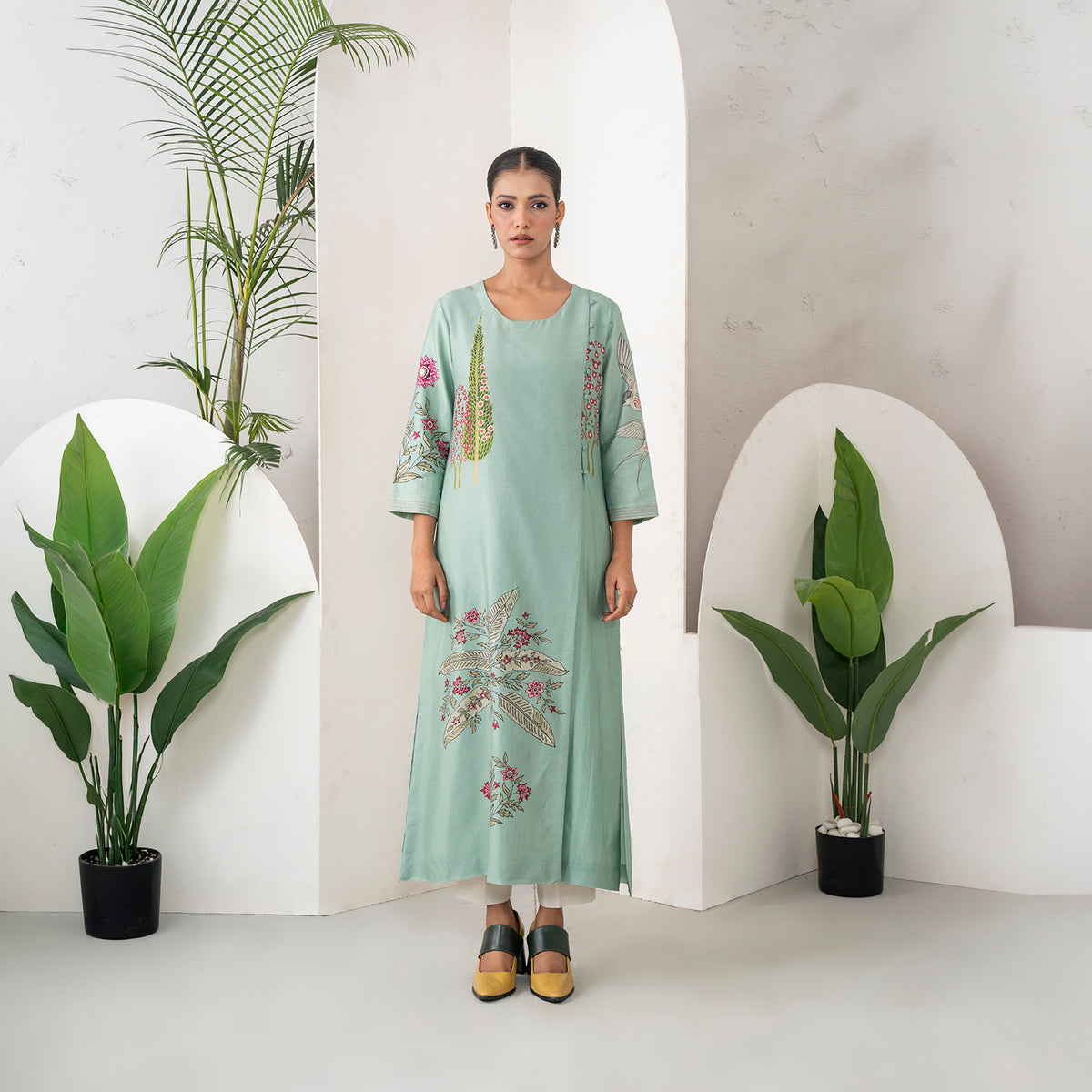 Mint Silk Chanderi Miniature Painting Inspired Printed Dress (1 PC)