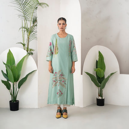 Mint Silk Chanderi Miniature Painting Inspired Printed Dress (1 PC)