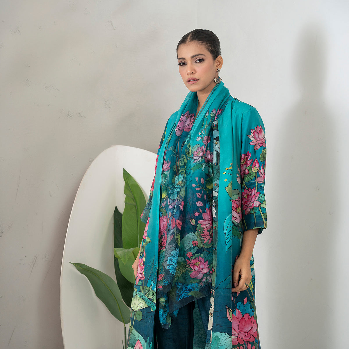 Aqua Fades Into Deep Blue Thin Chanderi Lush Lotus Printed Stole (1 PC)