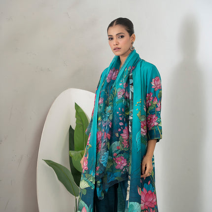 Aqua Fades Into Deep Blue Thin Chanderi Lush Lotus Printed Stole (1 PC)