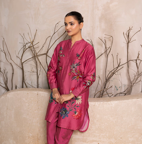 Old Rose Silk Chanderi Printed Shirt Style Tunic (1 PC)