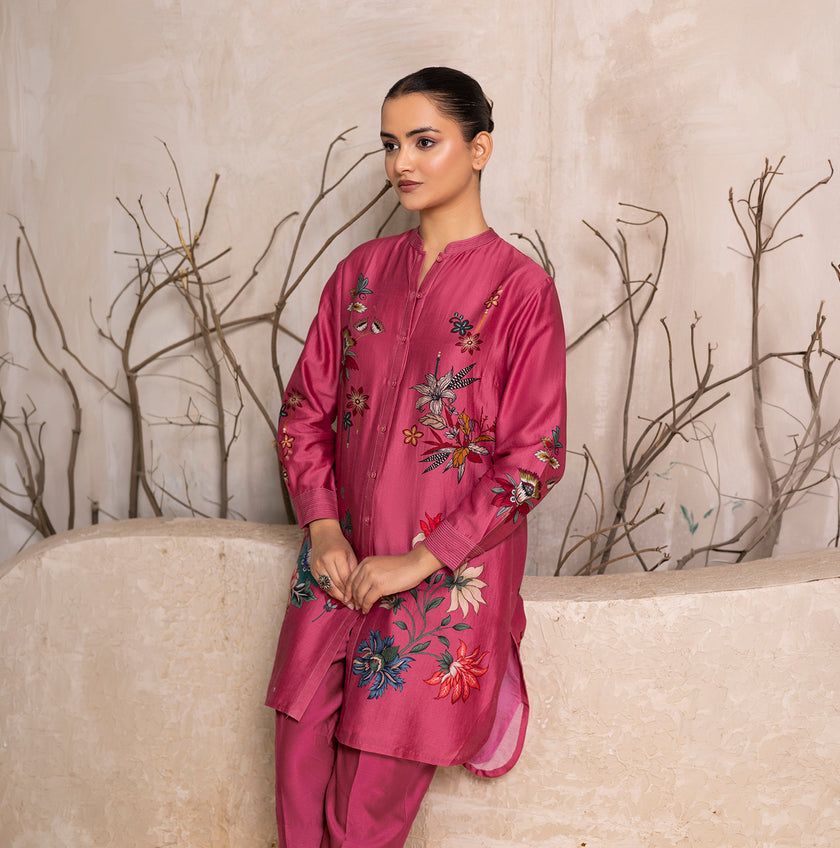 Old Rose Silk Chanderi Printed Shirt Style Tunic (1 PC)