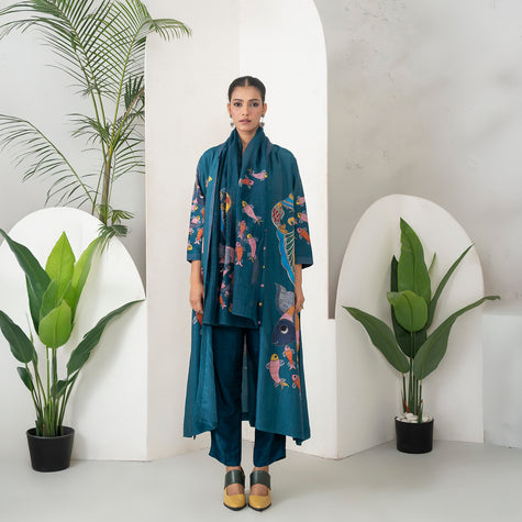 Indigo Silk Chanderi Playful Aquatic Motif Printed Dress (1 PC)