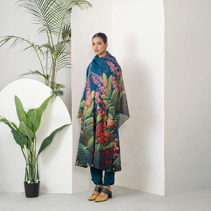 Indigo Silk Chanderi Front-Pleated Tropical Floral Illustration Printed Dress (1 PC)