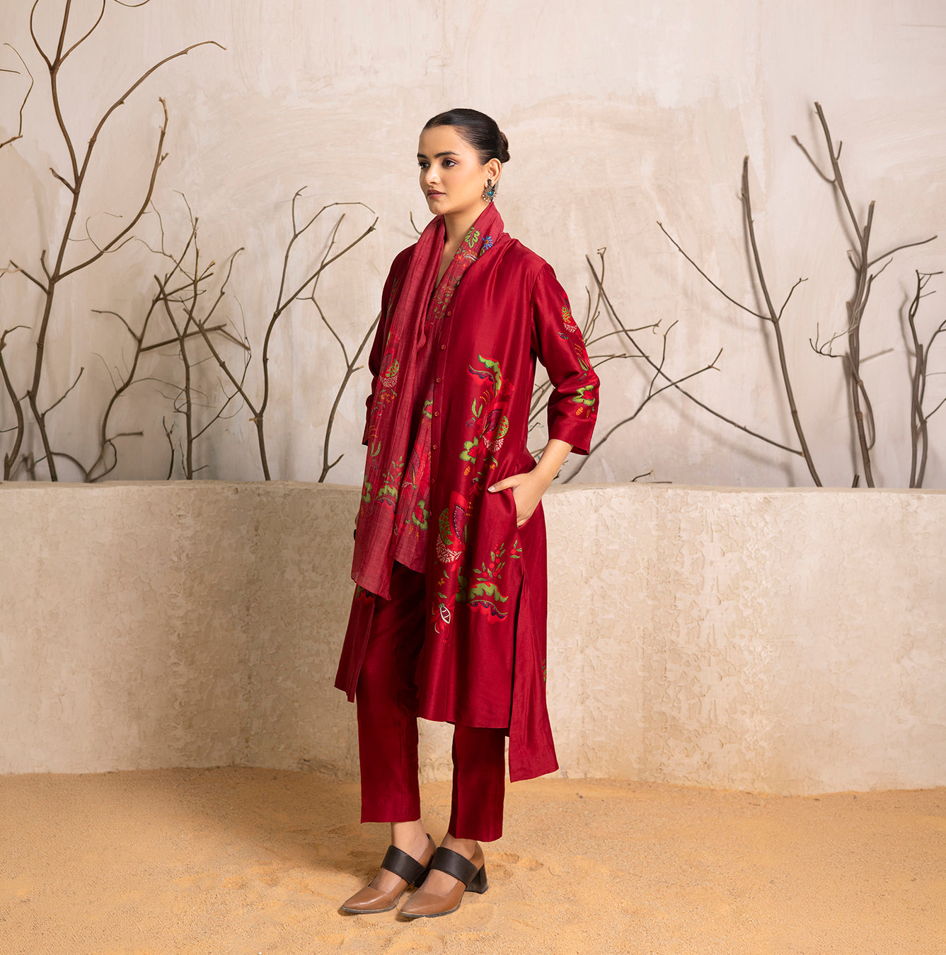 Red Silk Chanderi Printed Front Open Floral Dress (1 PC)