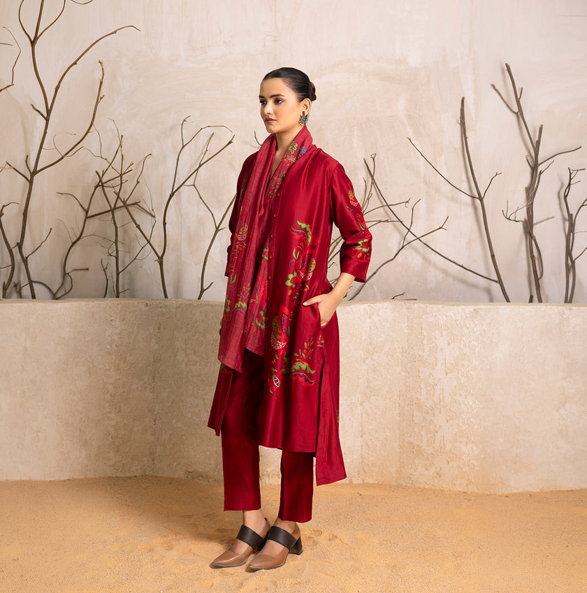 Red Silk Chanderi Printed Front Open Floral Dress (1 PC)