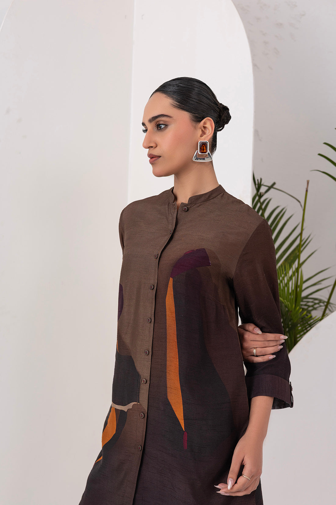 Shades Of Brown Viscose Dupion Printed Shirt Style Tunic (1 PC)