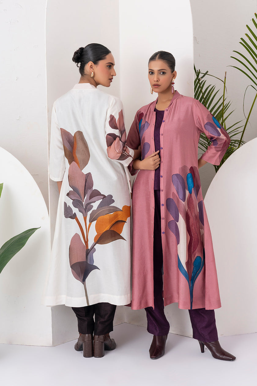 Ivory Viscose Dupion Leaf Printed Dress (1 PC)