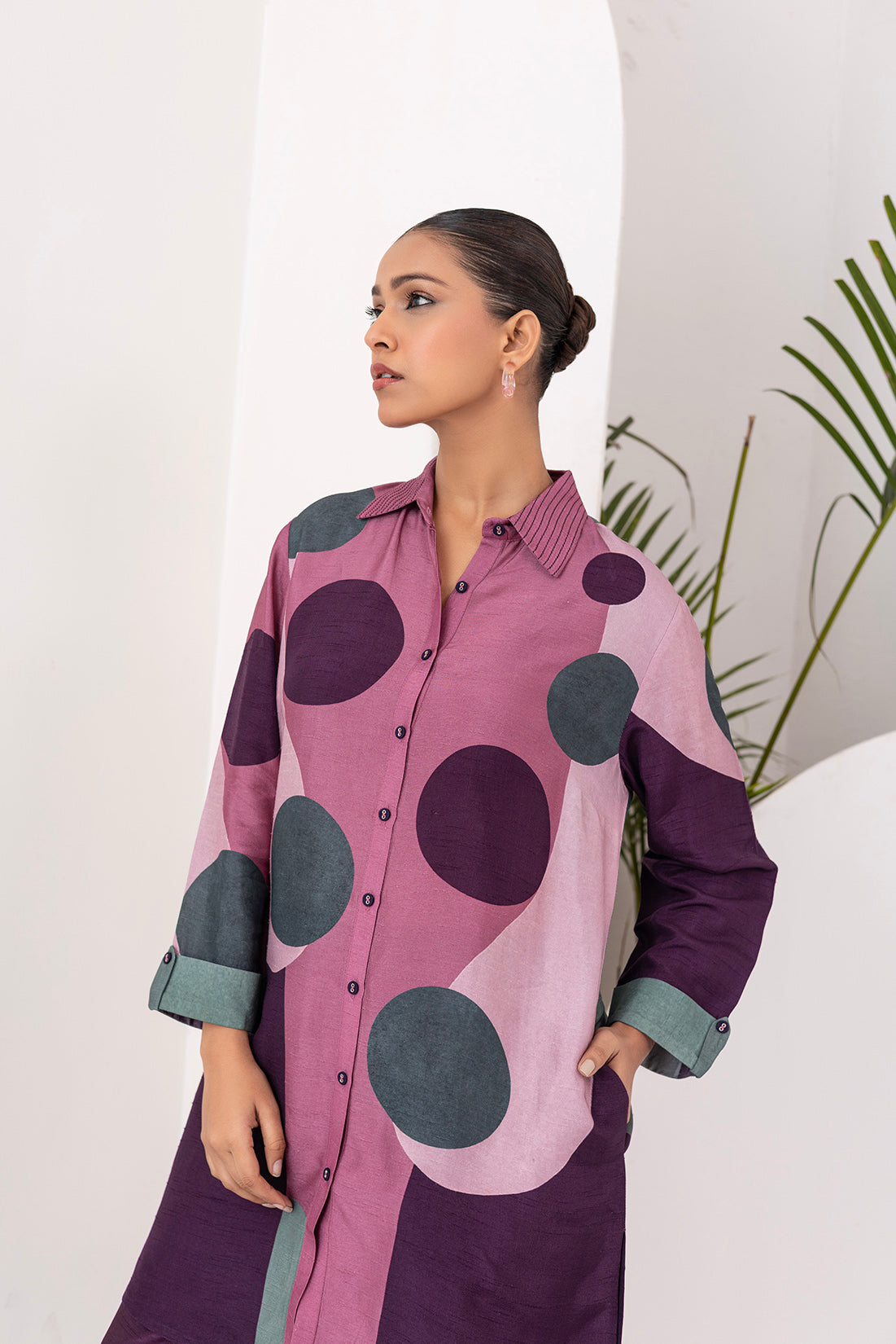 Salmon Pink & Wine Viscose Dupion Printed Shirt Style Tunic (1 PC)