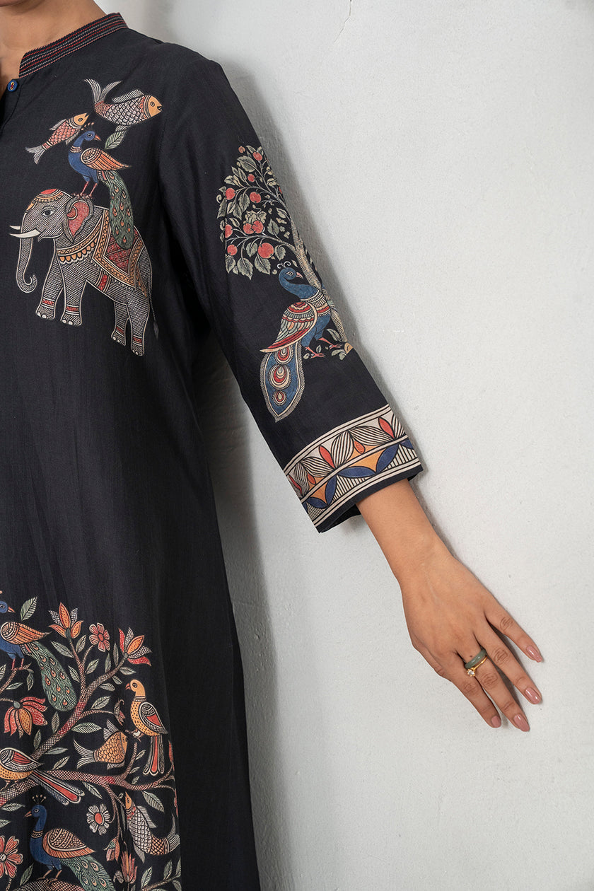Black Silk Chanderi Rich Folk-Inspired Printed Tunic (1 PC)