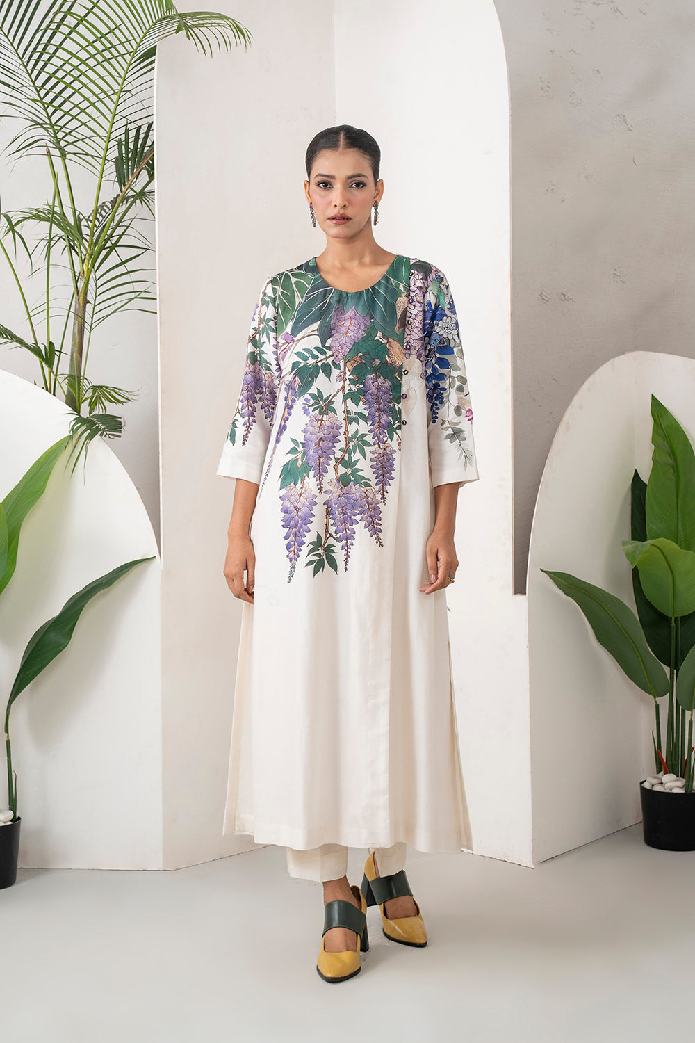 Ivory Silk Chanderi Side Panel Wisteria Printed Dress (1 PC)