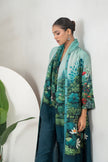 Blue Fades Gently From Mint To Midnight Silk Chanderi Hand-Painted Garden Printed Dress (1 PC)