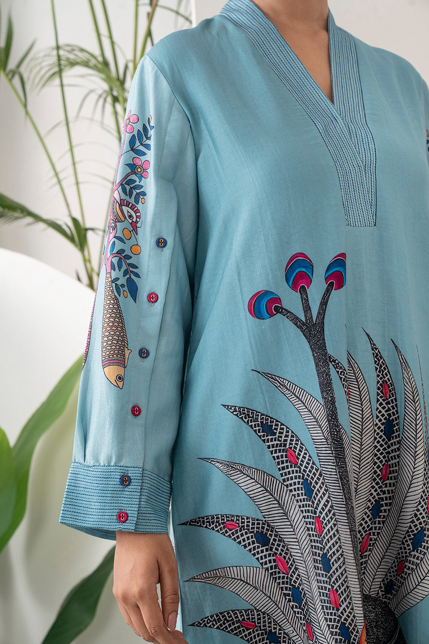 Sky Blue Silk Chanderi Striking Peacock Illustration Printed Tunic (1 PC)