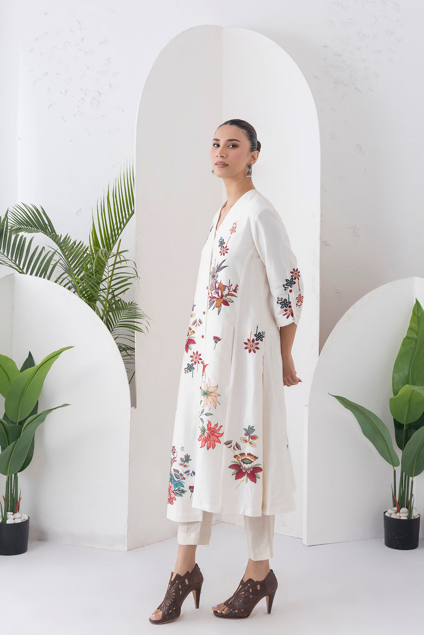 Ivory Silk Chanderi Printed High-Low Dress (1 PC)