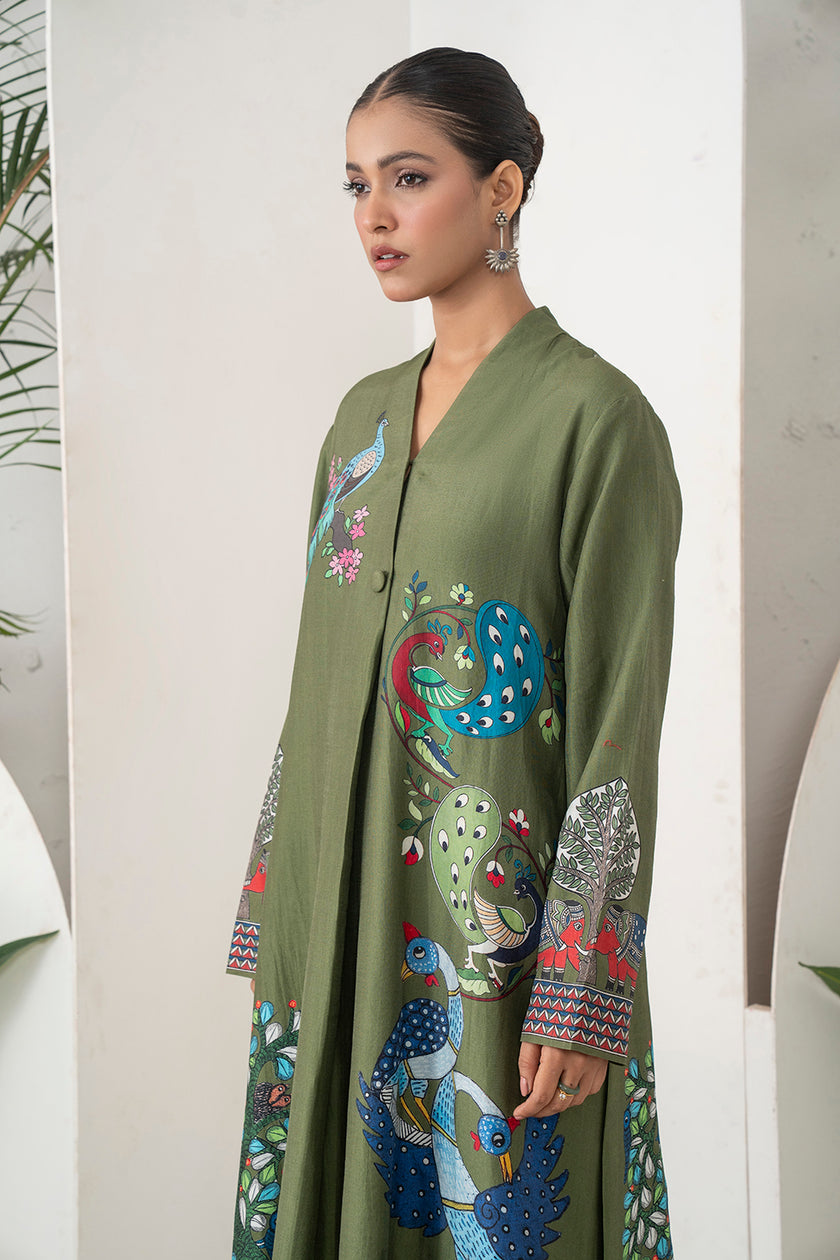 Leaf Green Silk Chanderi Front-Pleated Striking Peacock And Bird Printed Dress (1 PC)