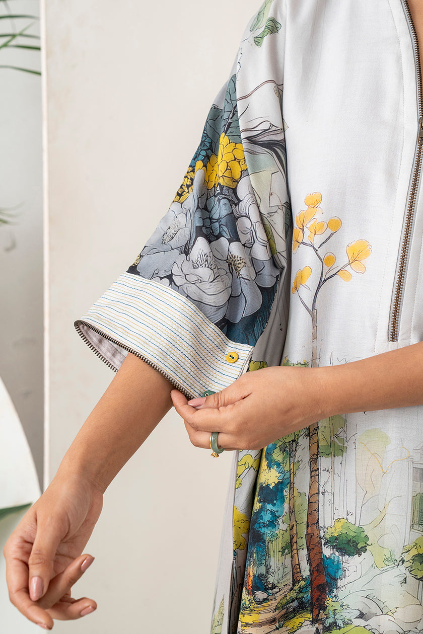 Grey Silk Chanderi Painterly Landscape Printed Zippered Dress (1 PC)