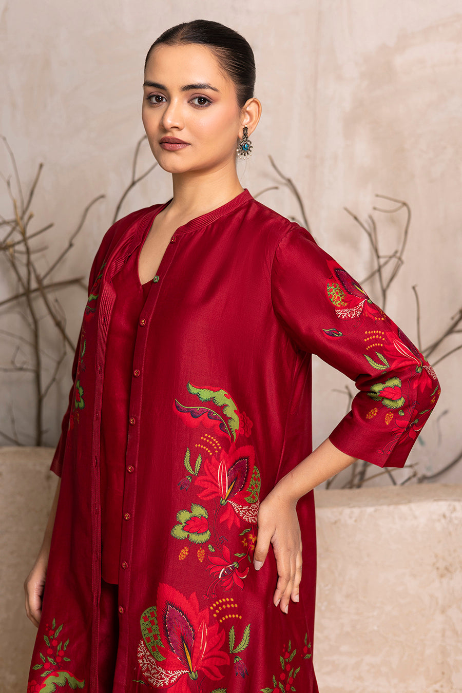 Red Silk Chanderi Printed Front Open Floral Dress (1 PC)