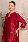 Red Silk Chanderi Printed Front Open Floral Dress (1 PC)