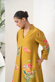Mustard Silk Chanderi Front Pleat Detailed Colourful Floral Printed Dress (1 PC)
