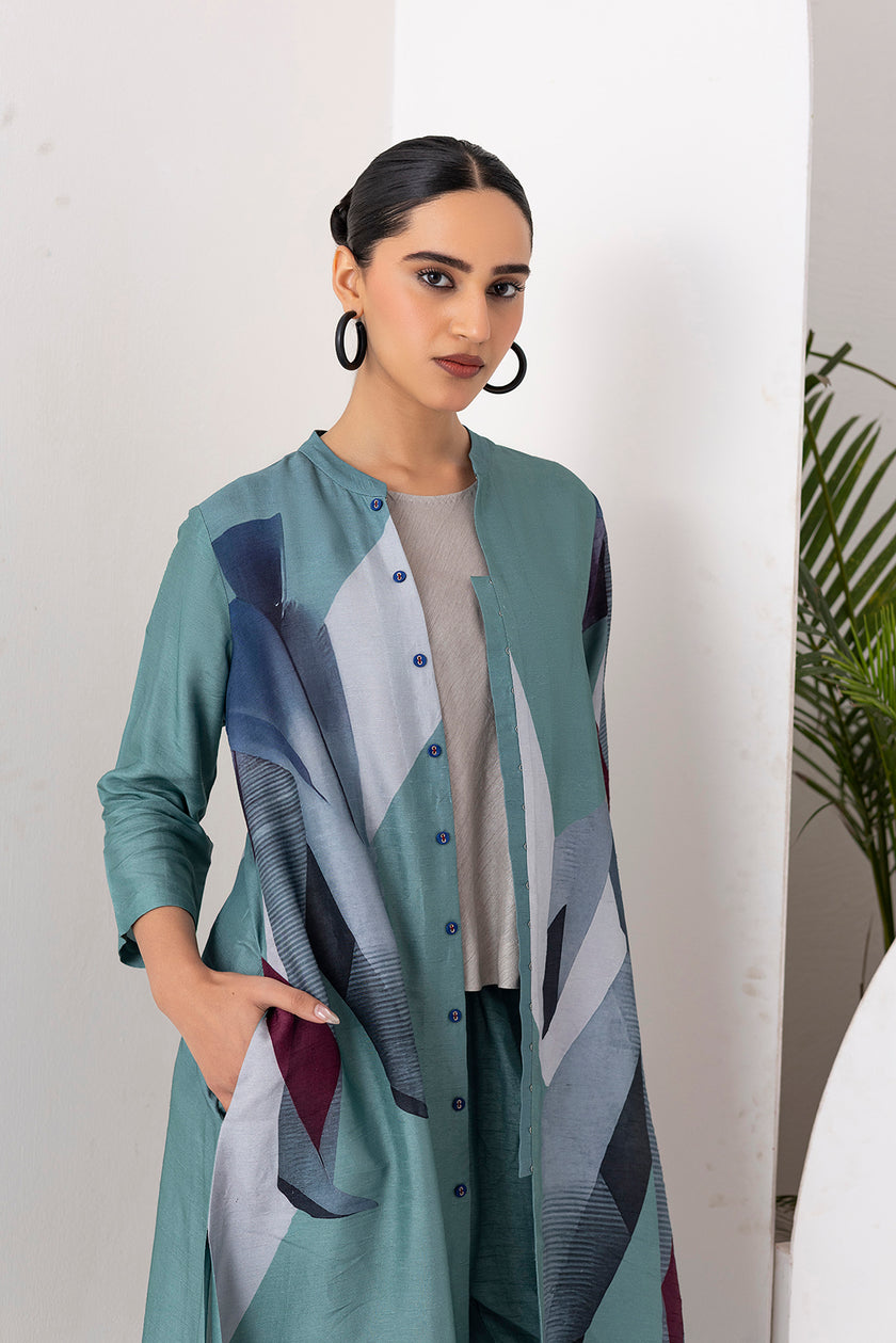 Sage Green Viscose Dupion Printed Dress (1 PC)