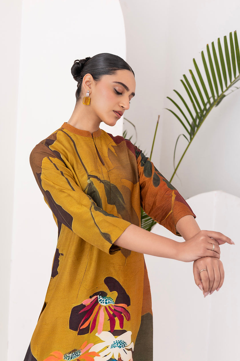 Mustard & Brown Viscose Dupion Printed Tunic (1 PC)